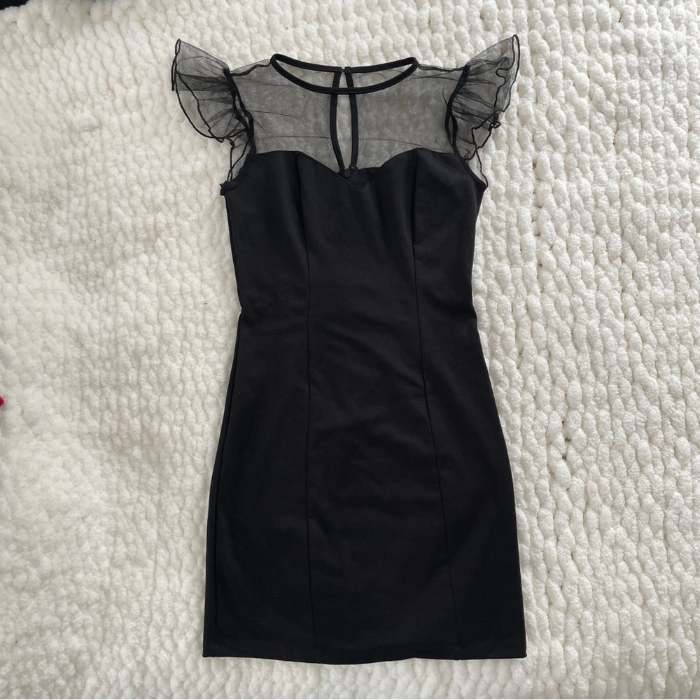 Forever 21 black bodycon mini dress with sweetheart neckline & sheer top